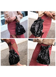 Ayliss Women Drawstring Bucket Bag Reversible Mermaid Sequin Chain Shoulder Bag Crossbody Handbags (Black)  - Image 2