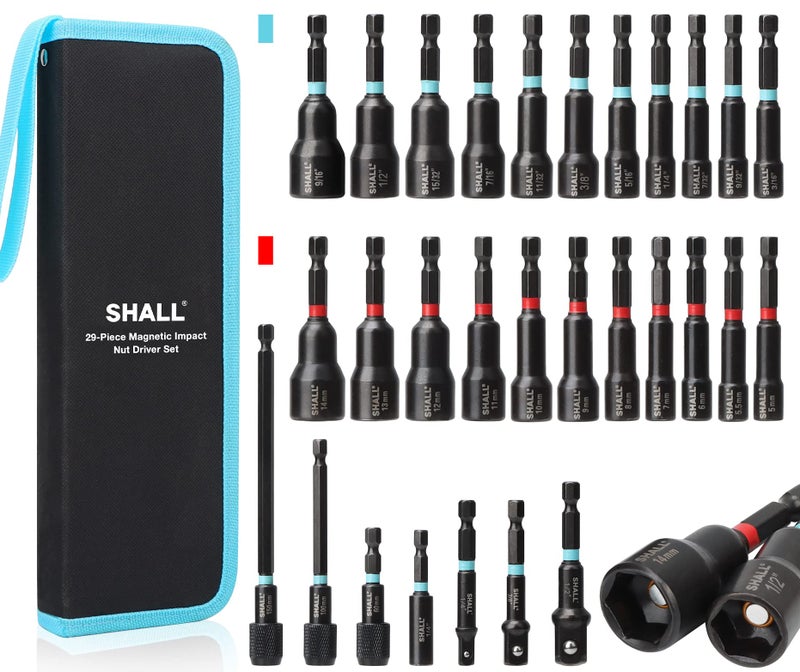 SHALL 29PCS Magnetic Nut Driver Set, Impact Drill Driver Bit 1/4" Hex Shank, SAE & Metric Cr-V Steel Power Nut Drivers with Quick-release Extensions, Impact Socket Adapters, Bit Holder and Storage Bag - Image 1
