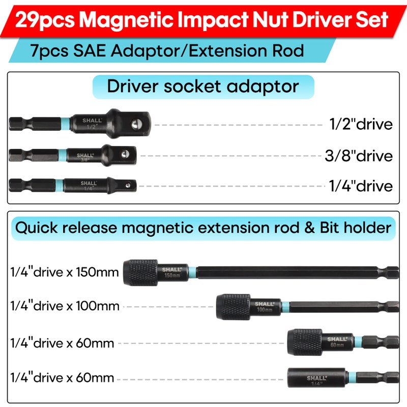 SHALL 29PCS Magnetic Nut Driver Set, Impact Drill Driver Bit 1/4" Hex Shank, SAE & Metric Cr-V Steel Power Nut Drivers with Quick-release Extensions, Impact Socket Adapters, Bit Holder and Storage Bag - Image 3