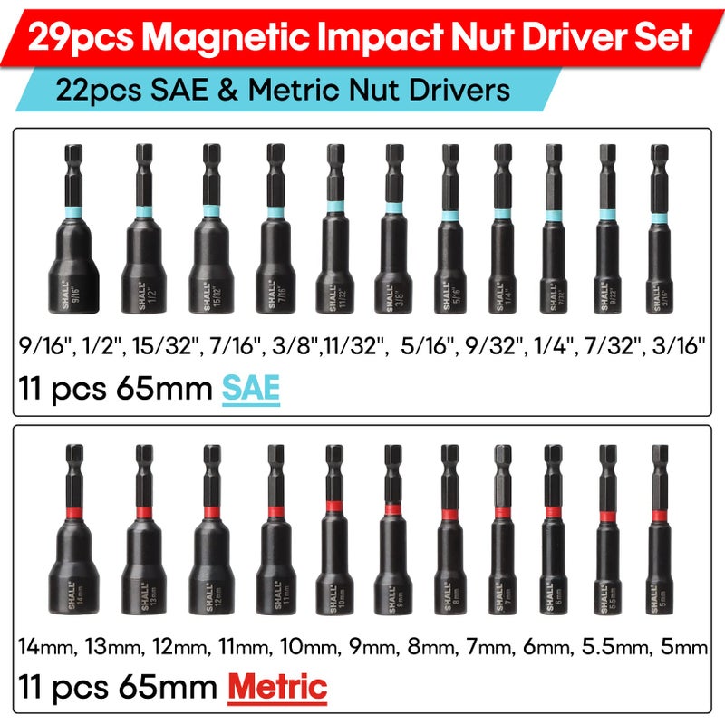 SHALL 29PCS Magnetic Nut Driver Set, Impact Drill Driver Bit 1/4" Hex Shank, SAE & Metric Cr-V Steel Power Nut Drivers with Quick-release Extensions, Impact Socket Adapters, Bit Holder and Storage Bag - Image 2