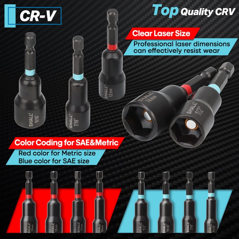 SHALL 29PCS Magnetic Nut Driver Set, Impact Drill Driver Bit 1/4" Hex Shank, SAE & Metric Cr-V Steel Power Nut Drivers with Quick-release Extensions, Impact Socket Adapters, Bit Holder and Storage Bag - Image 4