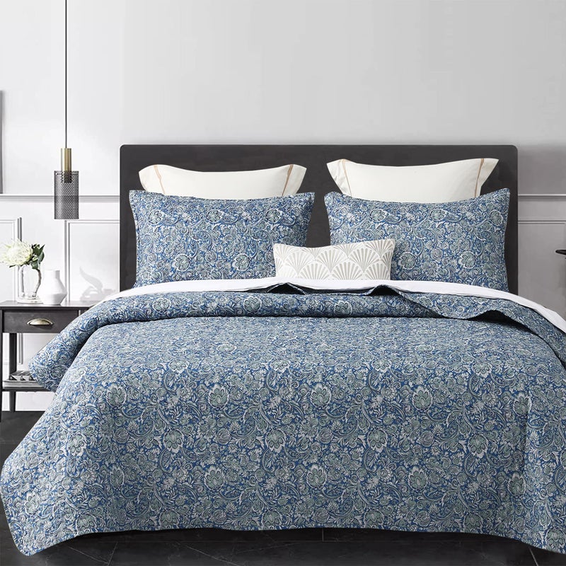 DURLENGEN Quilt Set Queen Size 3Pcs,Soft Microfiber Lightweight Bedspread,Blue & Green Paisley Floral Geometric Pattern Coverlet for All Season Layering(Queen 90x96,Paisley Blue) - Image 1
