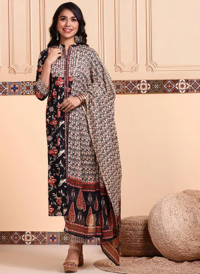 ISHIN Mirror Work Inspired Floral Printed Kurta With Pants And Printed Dupatta