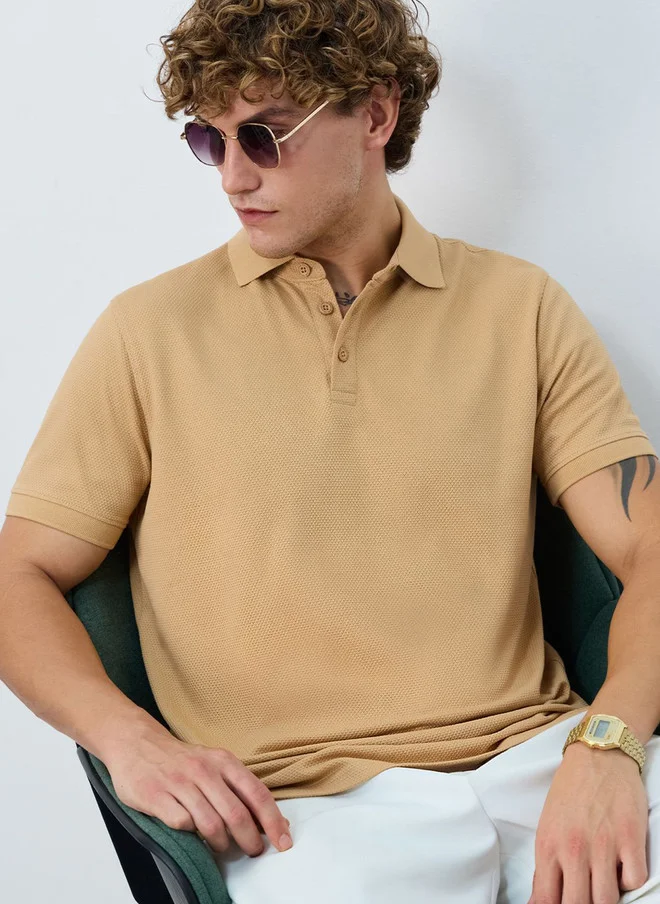 The Souled Store Men Regular Fit Popcorn Solid Beige Polo