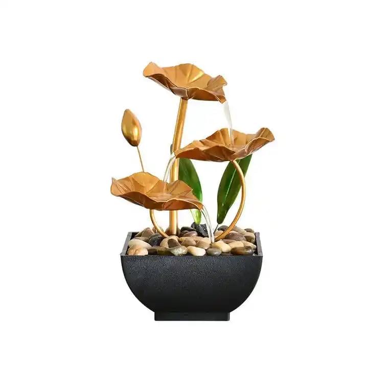 Water Fountain Decor Ornaments with Waterfall Desktop Lotus Fountains Deep Basin and Natural River Rocks Indoor Zen Relaxation for Office Bedroom Decor Item Metal Tabletop Golden 1 PCS  - Image 1