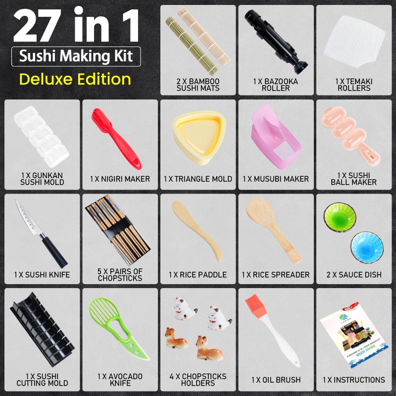 FUNGYAND Sushi Making Kit, 27-in-1 Professional Maker Set with Bazooka Roller, Nigiri & Musubi Presses, Bamboo Mats, Knife, Chopsticks, Ceramic Dishes - Ideal for Beginners - Image 2