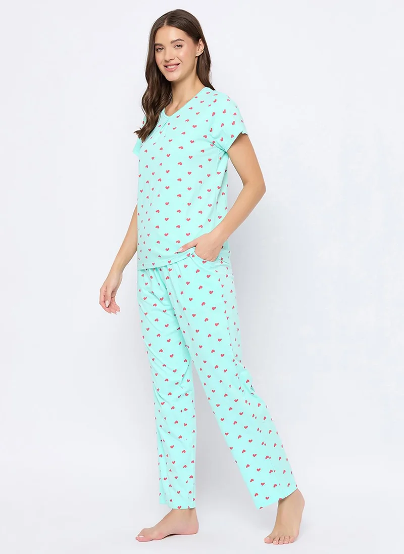 Clovia Blue Clovia Heart Print Top & Pyjama Set in Baby Blue - 100% Cotton for Women | Best Price UAE