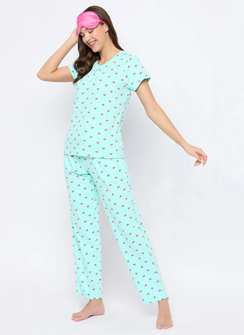 Clovia Blue Clovia Heart Print Top & Pyjama Set in Baby Blue - 100% Cotton for Women | Best Price UAE
