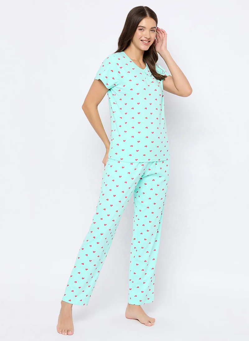 Clovia Blue Clovia Heart Print Top & Pyjama Set in Baby Blue - 100% Cotton for Women | Best Price UAE