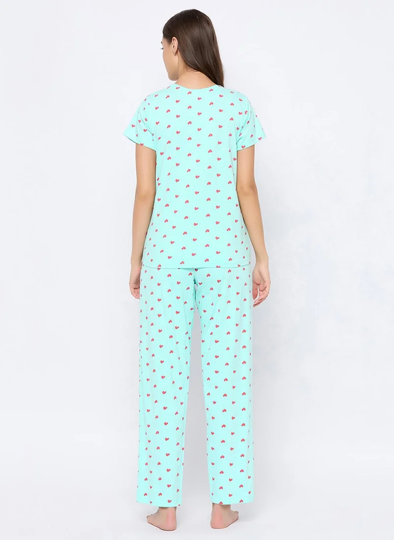 Clovia Blue Clovia Heart Print Top & Pyjama Set in Baby Blue - 100% Cotton for Women | Best Price UAE