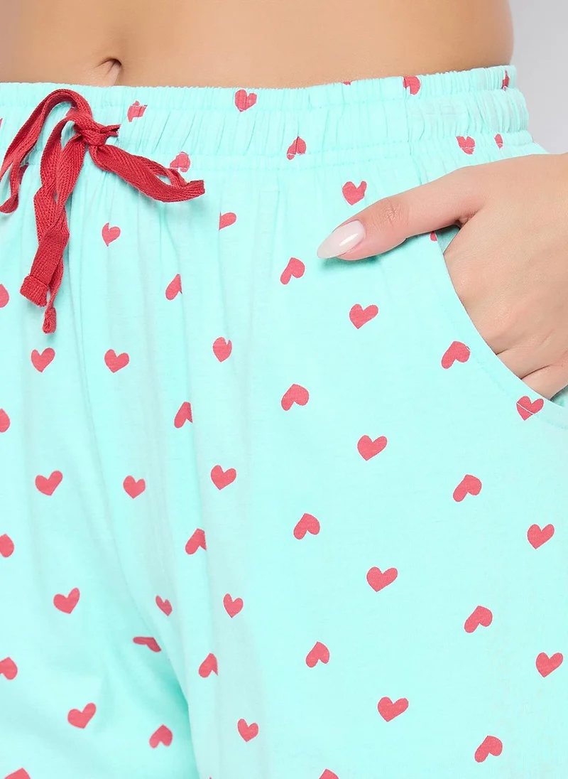 Clovia Blue Clovia Heart Print Top & Pyjama Set in Baby Blue - 100% Cotton for Women | Best Price UAE