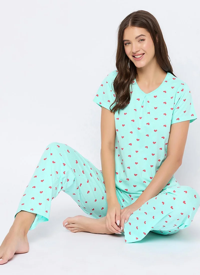 Clovia Blue Clovia Heart Print Top & Pyjama Set in Baby Blue - 100% Cotton for Women | Best Price UAE