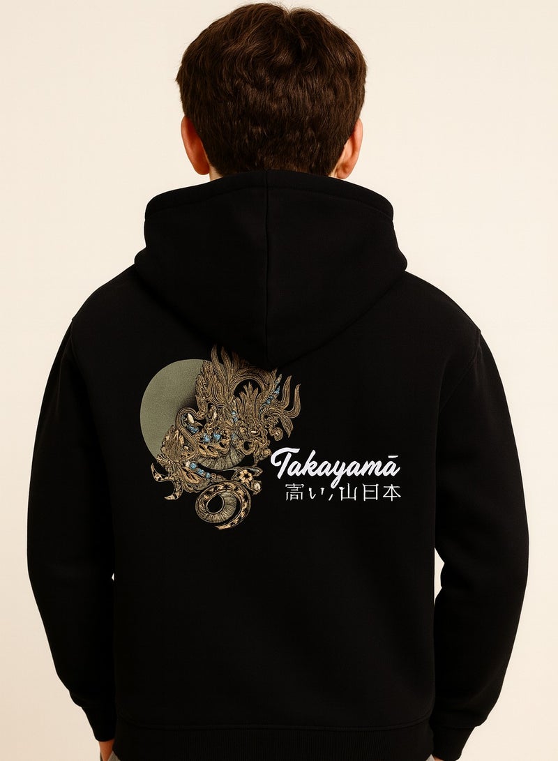 فكتور اند جين سويت شيرت بغطاء رأس برسومات تنين تاكيغامي للأولاد باللون الأسود - Image 1