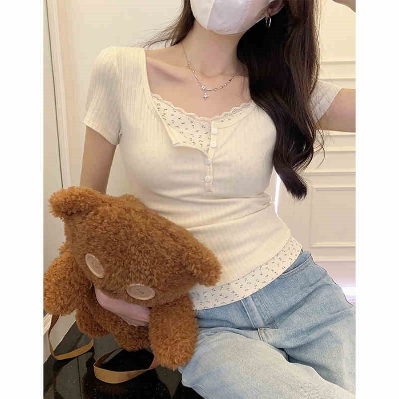 Fake Two-Piece Ballet Style T-Shirt For Women Bm Lace Small Floral Stitching Short-Sleeved Sweet And Spicy Baby Blue Top - Image 3