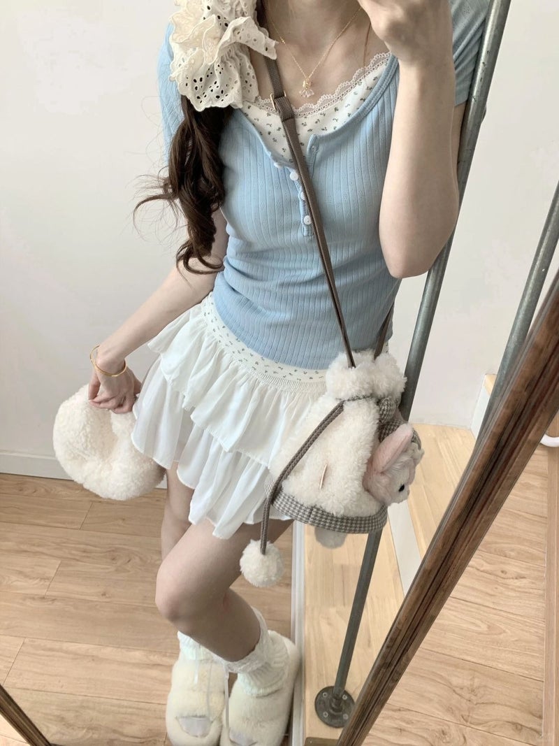Fake Two-Piece Ballet Style T-Shirt For Women Bm Lace Small Floral Stitching Short-Sleeved Sweet And Spicy Baby Blue Top - Image 5