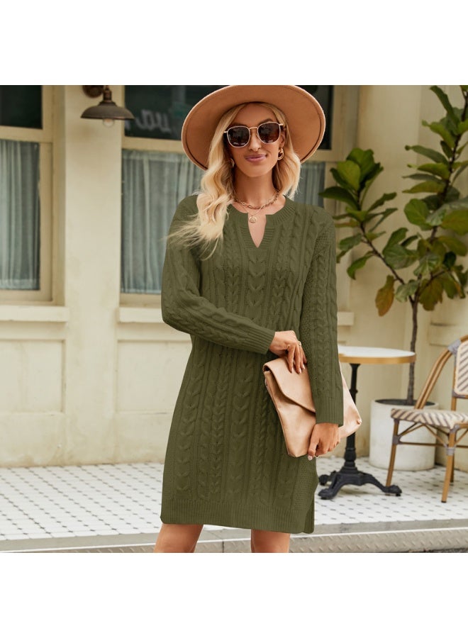 NIBEMINENT Women'S Fashion Mid-Length Loose V-Neck Long-Sleeved Solid Color Knitted Sweater Dress Vestidos De Mujer Elegantes Female Dress - Image 1