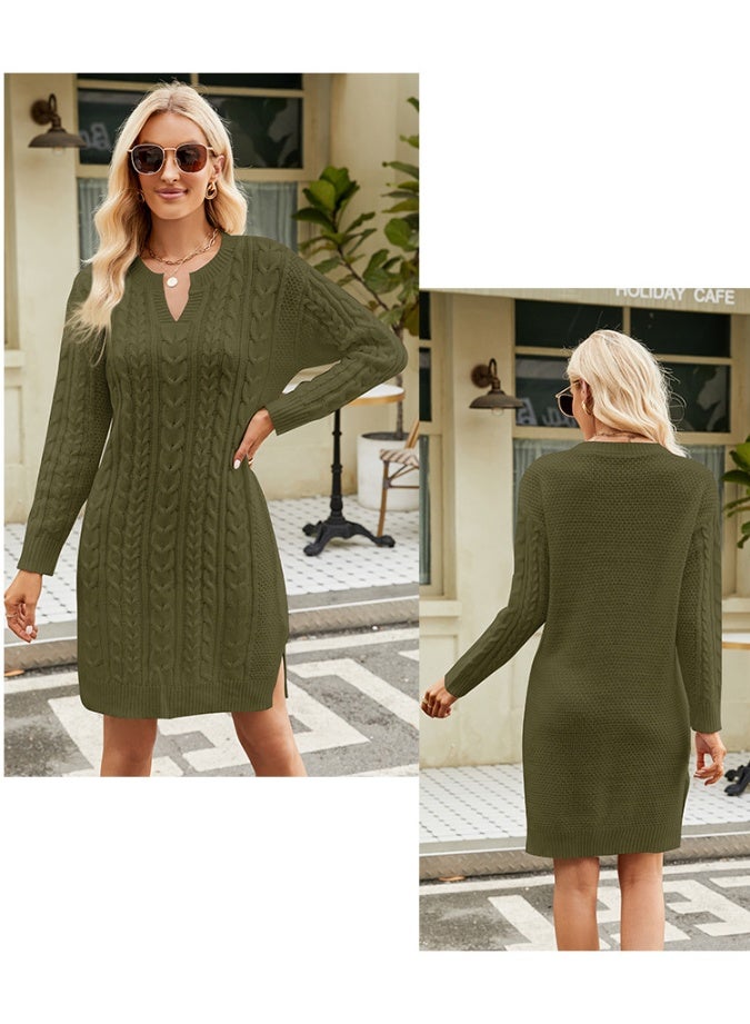 NIBEMINENT Women'S Fashion Mid-Length Loose V-Neck Long-Sleeved Solid Color Knitted Sweater Dress Vestidos De Mujer Elegantes Female Dress - Image 2