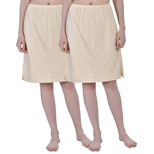 Aimly Women's Cotton Knee Length Underdress Side Slit Everyday Layers Half Slip Skirt Beige 2 Pieces - Image 1