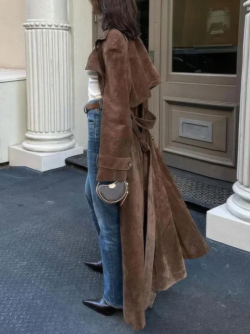 ebossy Women's Fashion Faux Suede Open Front Long Trench Coat Notched Lapel Double Breasted Maxi Overcoat with Belt (M, Dark Brown) - Image 5