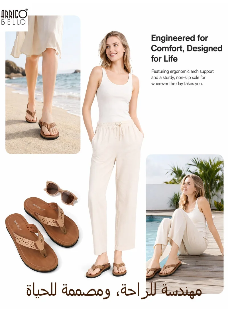 ARRIGO BELLO Khaki Women's Comfort Thong Sandals Stylish Cut-Out Flip Flops Quick Dry Summer Beach Slippers for Women | Best Price UAE
