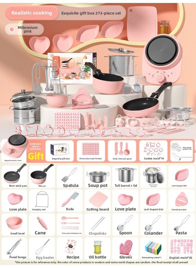 مطبخ صغير يمكن طهيه وصالح للأكل، أدوات مطبخ صغيرة حقيقية، مجموعة من ألعاب الأطفال، مجموعة كاملة من هدايا -اللون: 7-【273 مجموعة】 وردي - Image 1