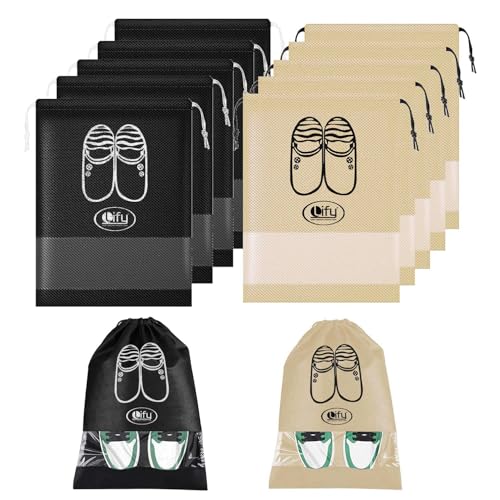 Lify Travel Shoe Bags, Portable Travel Shoe Tote Bags - Packing Organizers for Men and Women- Black (6 Pcs) + Beige (6 Pcs) - 12 Piece Pack - Image 1