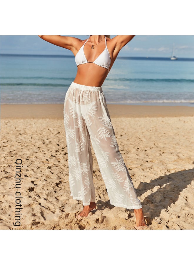 إسكدنيا European And American Jacquard Sun Protection Beach Pants Chiffon High Waist Wide Leg Pants Bikini Women's Loose Casual Pants-Color:White- - Image 3