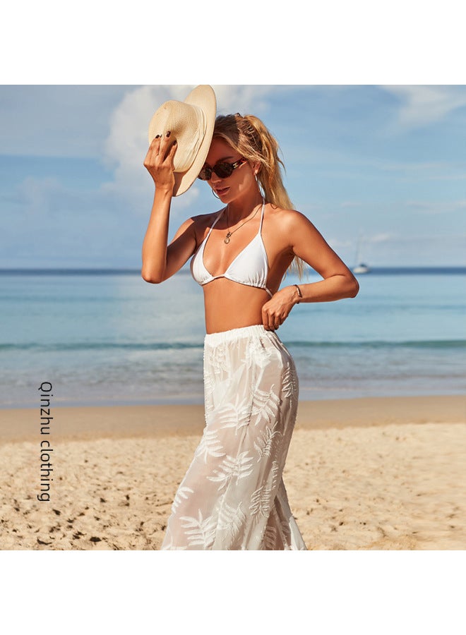 إسكدنيا European And American Jacquard Sun Protection Beach Pants Chiffon High Waist Wide Leg Pants Bikini Women's Loose Casual Pants-Color:White- - Image 4