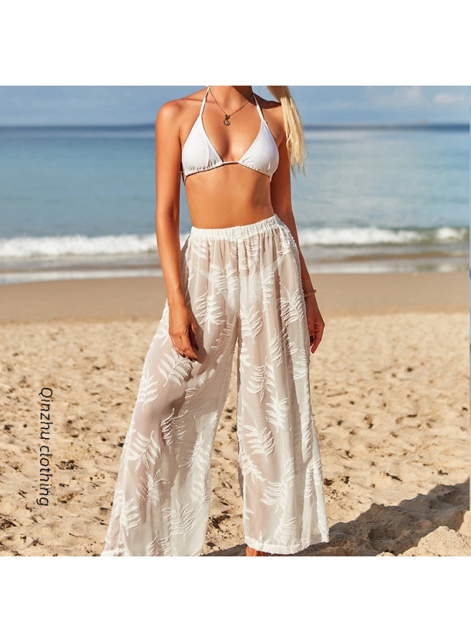 إسكدنيا European And American Jacquard Sun Protection Beach Pants Chiffon High Waist Wide Leg Pants Bikini Women's Loose Casual Pants-Color:White- - Image 5