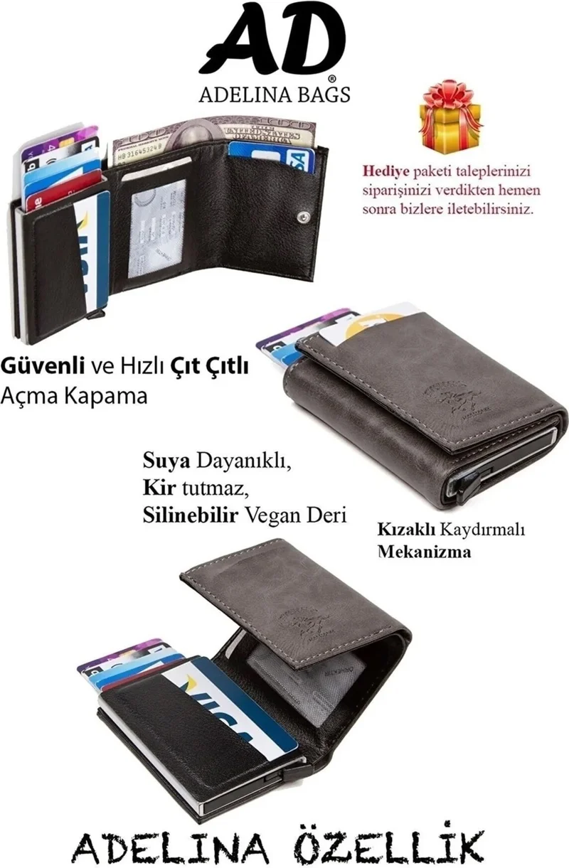 اديلينا باجز Adelina Gray Crazy Leather Hand and Shoulder Bag and Mechanical Card Holder Set