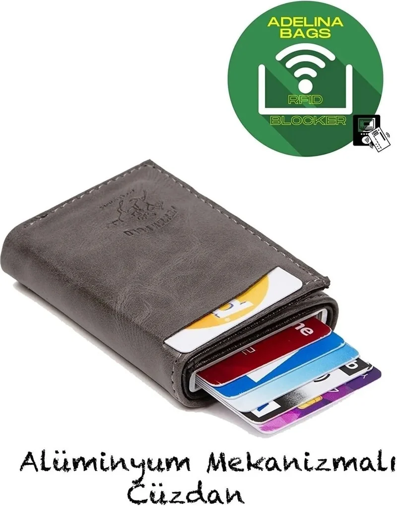 اديلينا باجز Adelina Gray Crazy Leather Hand and Shoulder Bag and Mechanical Card Holder Set