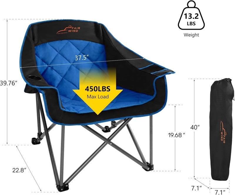 FAIR WIND 2 Pack Oversized Padded Camping Chair Heavy Duty Quad Fold Arm Chair Portable for Outdoor - Support 450LBS, Blue - Image 2