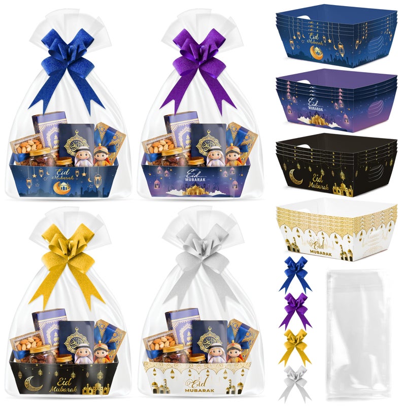 OSNIE Eid Mubarak Gift Bag Empty Baskets - 24 Sets Islamic Eid Gold Lantern and Moon Party Gift Baskets Empty with Cellophane Bags and Ribbons Bows for Festivals Holiday Business Carnival (4 Styles) - Image 1