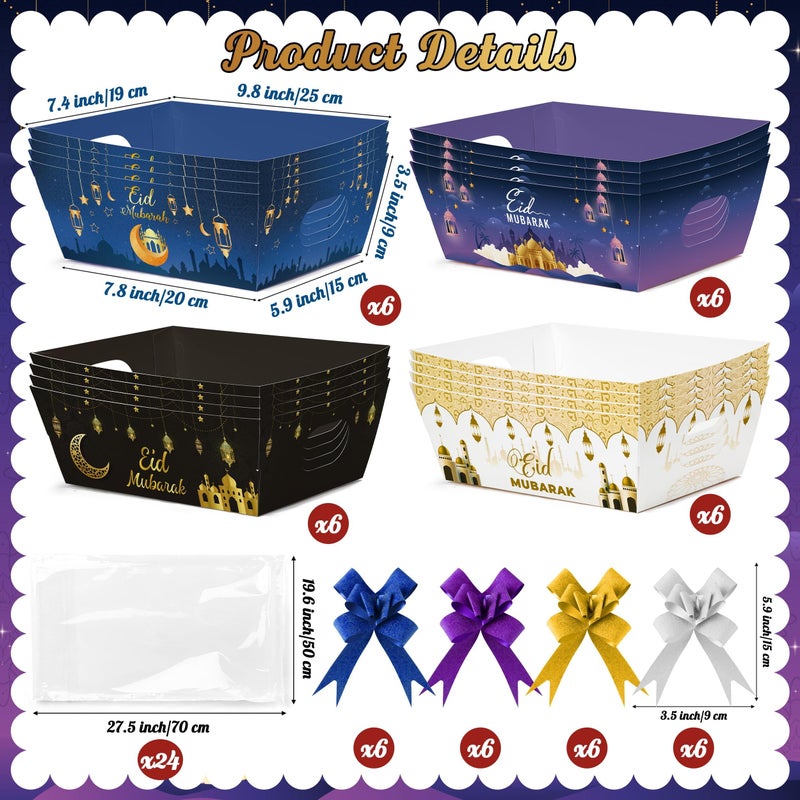 OSNIE Eid Mubarak Gift Bag Empty Baskets - 24 Sets Islamic Eid Gold Lantern and Moon Party Gift Baskets Empty with Cellophane Bags and Ribbons Bows for Festivals Holiday Business Carnival (4 Styles) - Image 2