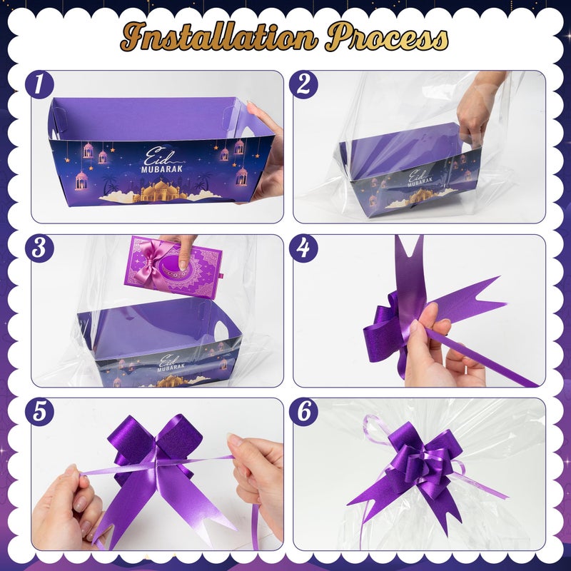 OSNIE Eid Mubarak Gift Bag Empty Baskets - 24 Sets Islamic Eid Gold Lantern and Moon Party Gift Baskets Empty with Cellophane Bags and Ribbons Bows for Festivals Holiday Business Carnival (4 Styles) - Image 3