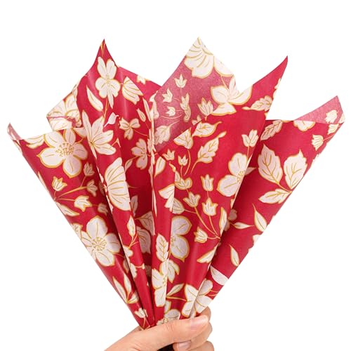 Bobobag 100 Sheets Red Floral Tissue Paper for Gift Bags 20x14 inch Burgundy Gift Wrapping Paper for Bridal Valentines Art Craft Decoration Packing by Bobobag - Image 1