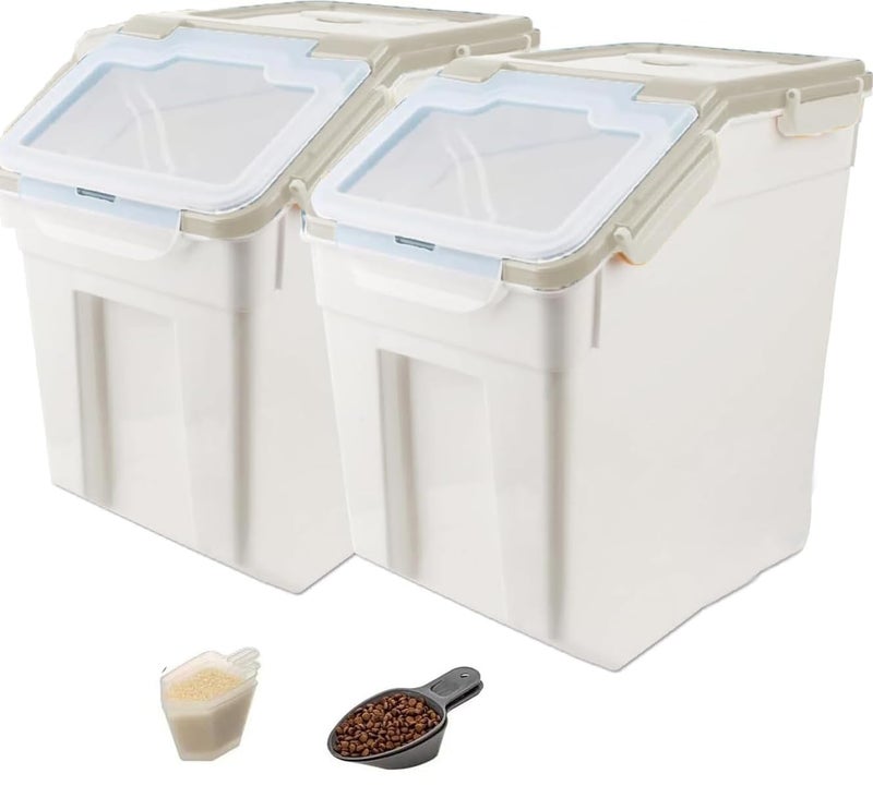 YXQ 50LB Large Flour Storage Container Bin,2 Pack Airtight Plastic with Wheels Seal Locking Lid Dispenser Organizer Bin with Measuring Cup & Scoop for Flour, Rice, Grain 100LBS Total Capacity(Grey) - Image 1