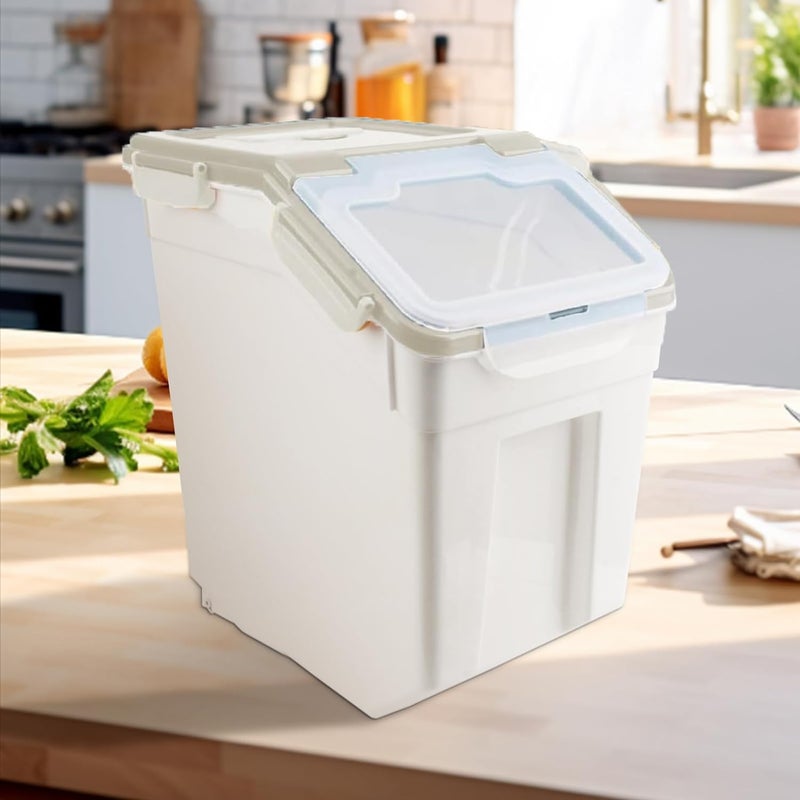 YXQ 50LB Large Flour Storage Container Bin,2 Pack Airtight Plastic with Wheels Seal Locking Lid Dispenser Organizer Bin with Measuring Cup & Scoop for Flour, Rice, Grain 100LBS Total Capacity(Grey) - Image 2