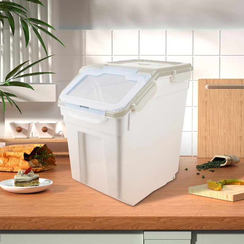 YXQ 50LB Large Flour Storage Container Bin,2 Pack Airtight Plastic with Wheels Seal Locking Lid Dispenser Organizer Bin with Measuring Cup & Scoop for Flour, Rice, Grain 100LBS Total Capacity(Grey) - Image 4