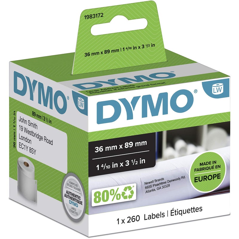 Dymo 1983172- LabelWriter Large Address Labels, Self-Adhesive, 36 mm x 89 mm, Roll of 260 - Black Print on White - Image 1