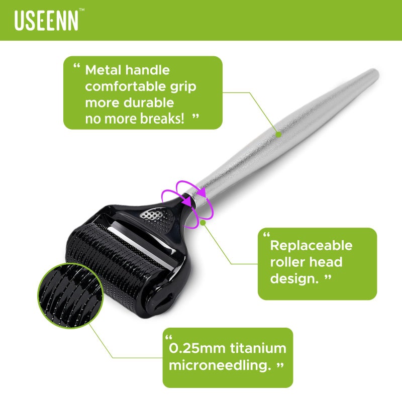 USEENN Ultra Wide Titanium Derma Roller for Face Hair Beard Scalp Skin Body Metal Handle 1200 Microneedling roller for Women and Men 0.25mm - Image 3