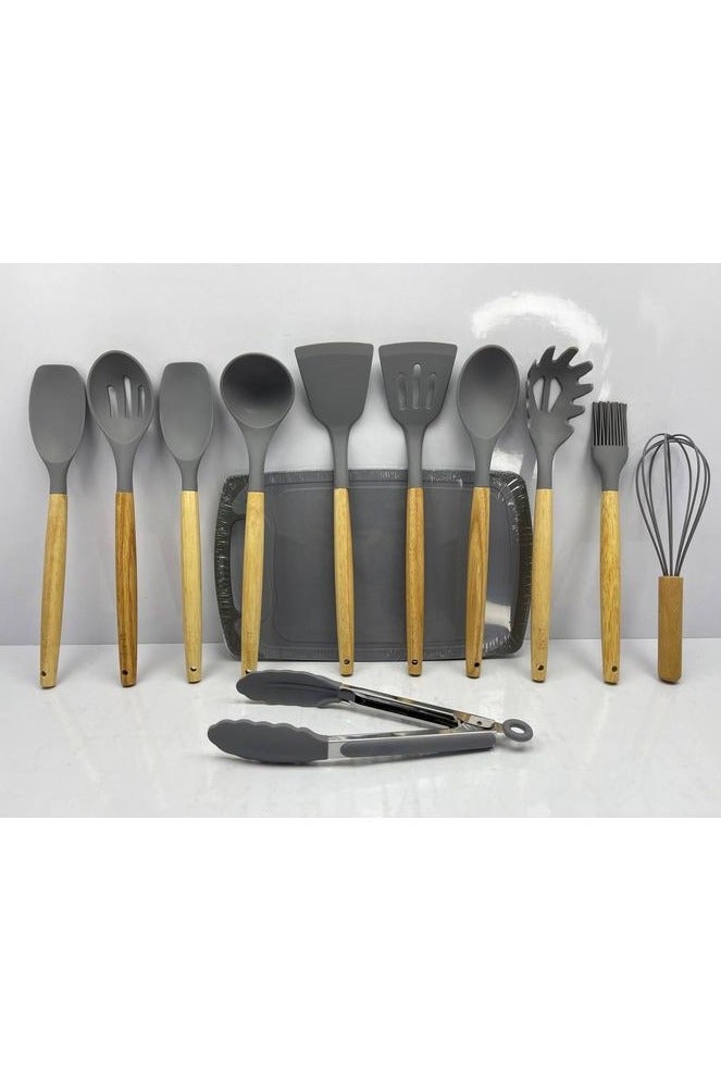 أدوات طهي سيليكون للمطبخ – طقم 18 قطعة رمادي مع حامل تخزين، سكاكين ولوح تقطيع، تصميم عصري بمقابض خشبية - Image 4