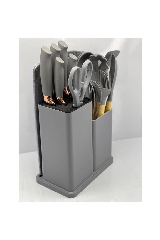 أدوات طهي سيليكون للمطبخ – طقم 18 قطعة رمادي مع حامل تخزين، سكاكين ولوح تقطيع، تصميم عصري بمقابض خشبية - Image 3