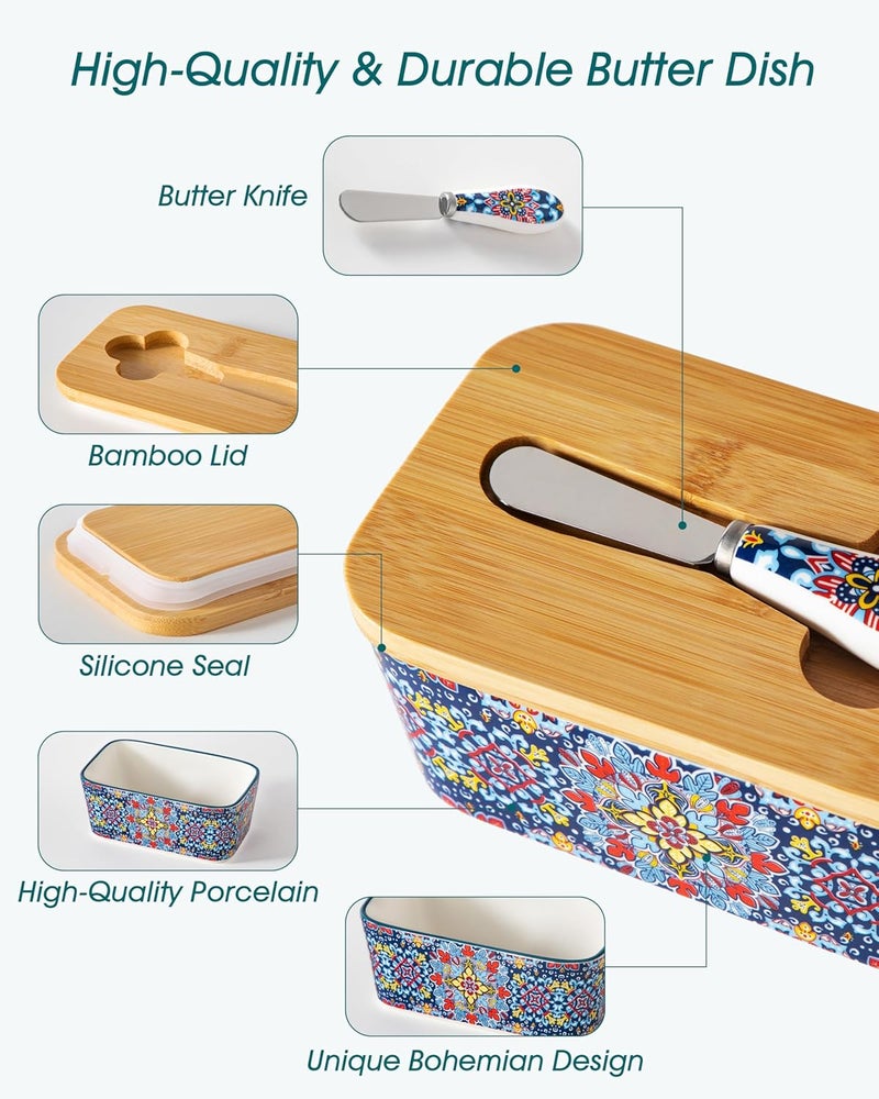 vancasso SIMI Butter Dish with Lid, 6.5" Large Butter Dish for Countertop, Bohemian Ceramic Butter Keeper Container with Knife and Bamboo Lid, Butter Holder for Counter, Twilight Bloom - Image 5