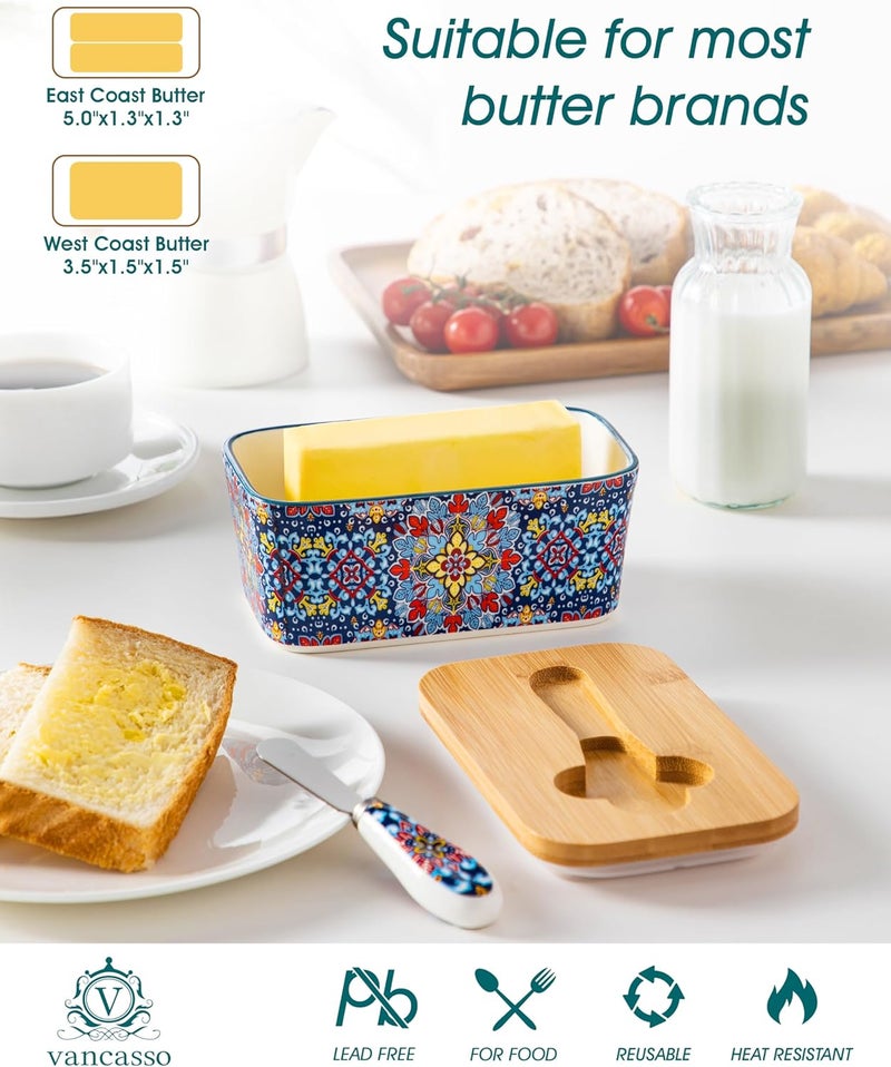 vancasso SIMI Butter Dish with Lid, 6.5" Large Butter Dish for Countertop, Bohemian Ceramic Butter Keeper Container with Knife and Bamboo Lid, Butter Holder for Counter, Twilight Bloom - Image 3