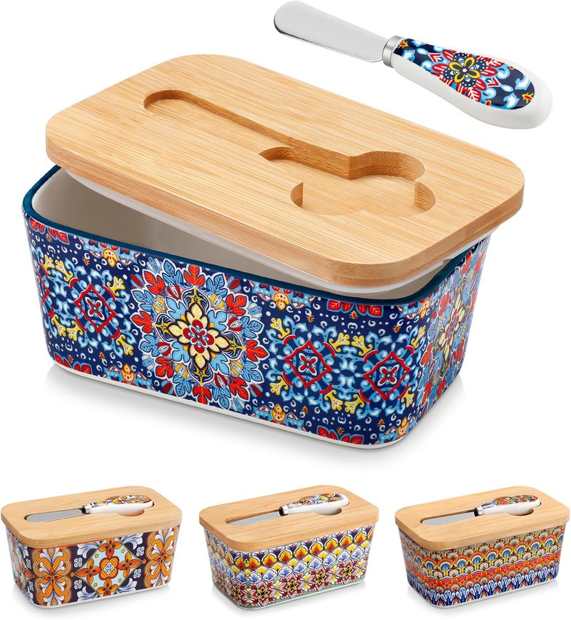 vancasso SIMI Butter Dish with Lid, 6.5" Large Butter Dish for Countertop, Bohemian Ceramic Butter Keeper Container with Knife and Bamboo Lid, Butter Holder for Counter, Twilight Bloom - Image 1