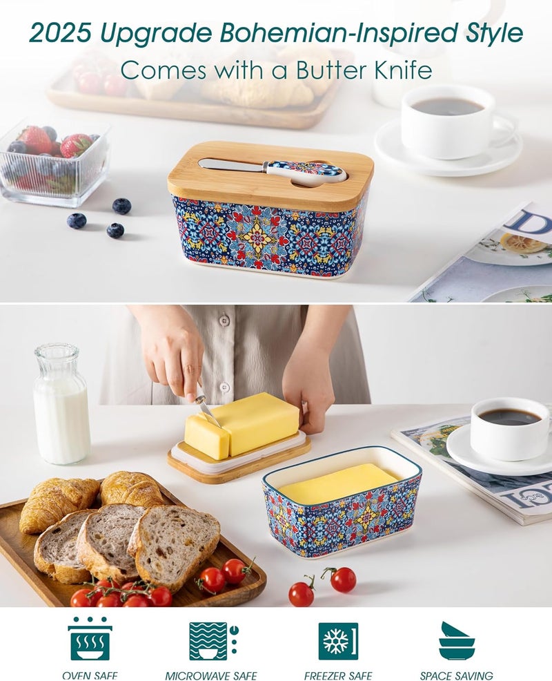 vancasso SIMI Butter Dish with Lid, 6.5" Large Butter Dish for Countertop, Bohemian Ceramic Butter Keeper Container with Knife and Bamboo Lid, Butter Holder for Counter, Twilight Bloom - Image 4