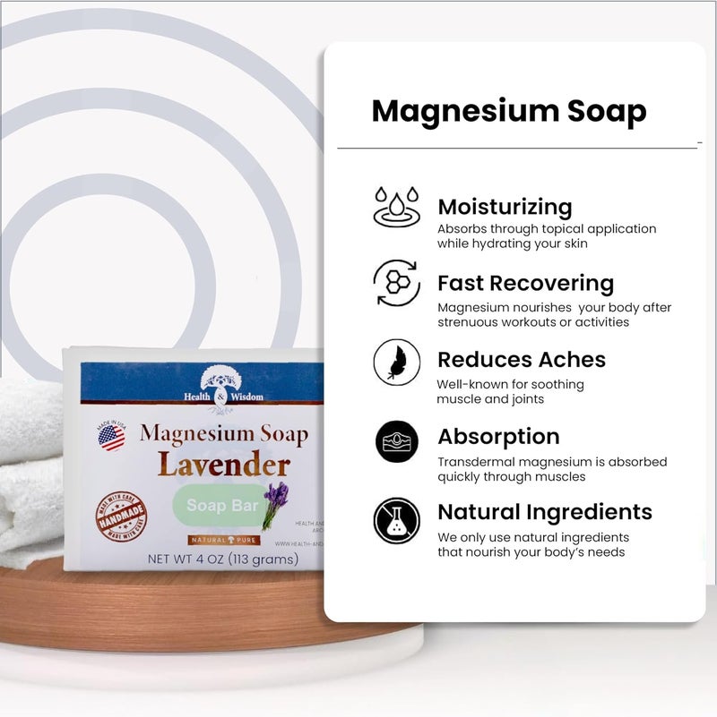 Health and Wisdom Magnesium Soap Bar Bar Soap Magnesium Body Wash All Natural Soap Bar Magnesium Bar Magnesium Shower Magnesium Oil Bath Soap Bars Lavender Soap Bars Lavender 4 Ounce - Image 5
