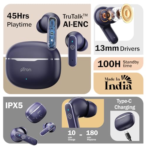 pTron Bassbuds Eon in-Ear TWS Earbuds w/ 13mm Drivers, 45Hrs Playtime, Dual HD Mic & TruTalk AI-ENC Calls, Custom EQ, Mobile App, Bluetooth v6.0 Headphones,Voice Assist., Type C Charging & IPX5 (Blue) - Image 2