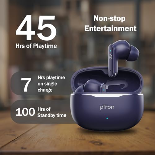 pTron Bassbuds Eon in-Ear TWS Earbuds w/ 13mm Drivers, 45Hrs Playtime, Dual HD Mic & TruTalk AI-ENC Calls, Custom EQ, Mobile App, Bluetooth v6.0 Headphones,Voice Assist., Type C Charging & IPX5 (Blue) - Image 4
